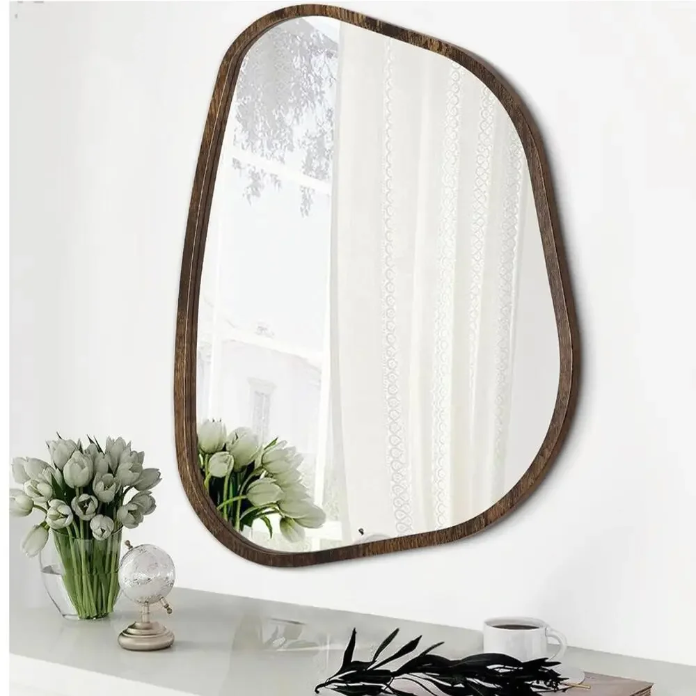 Brown Asymmetrical Wall Mirror 20x16 Irregular Oval Wood Frame Modern Decor